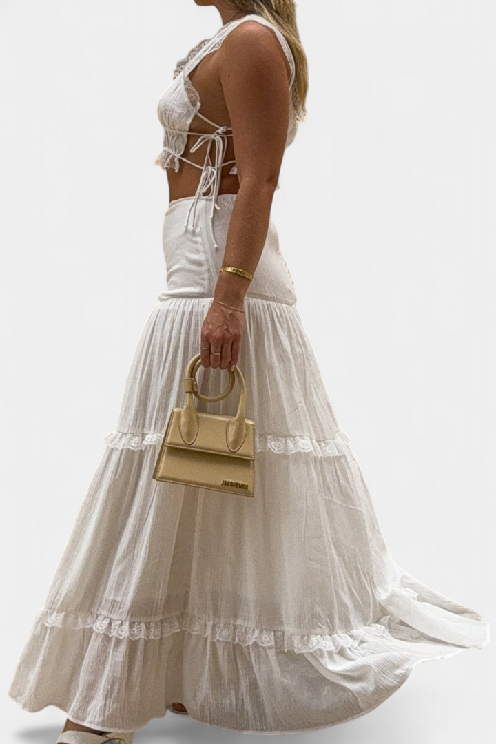 Ilys Ensemble Romantique de Top en Dentelle et Jupe Longue Volumineuse