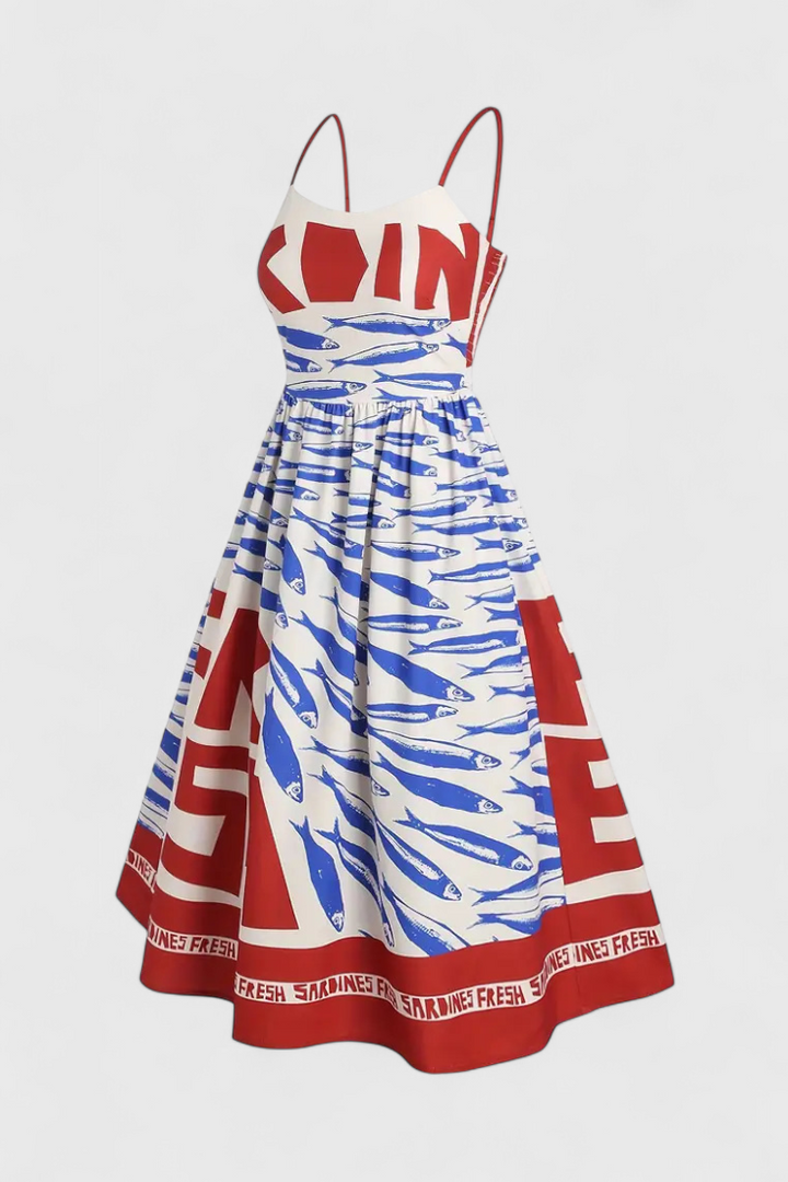 Maricela Robe Vintage à Bretelles et Imprimé de Sardines
