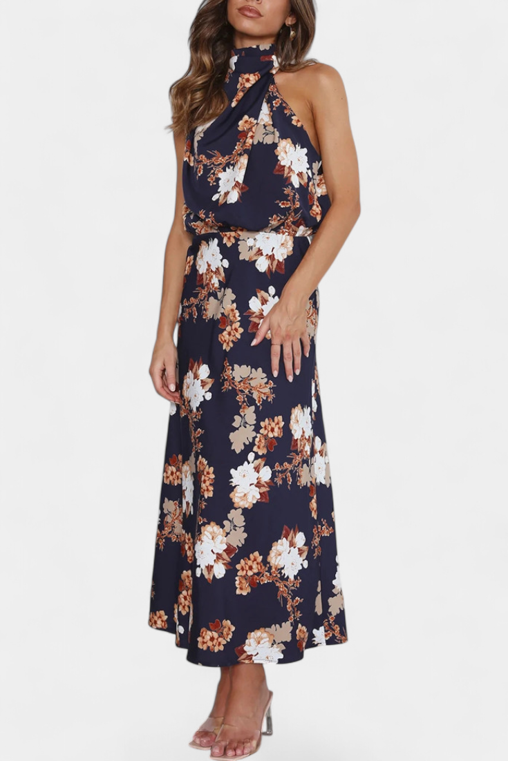 Robe Maxi Fleurie Lisa avec Col Halter et Taille Élastique