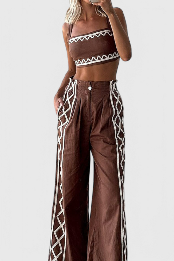 Mirella Ensemble Crop et Pantalons Amples à Imprimé Zigzag