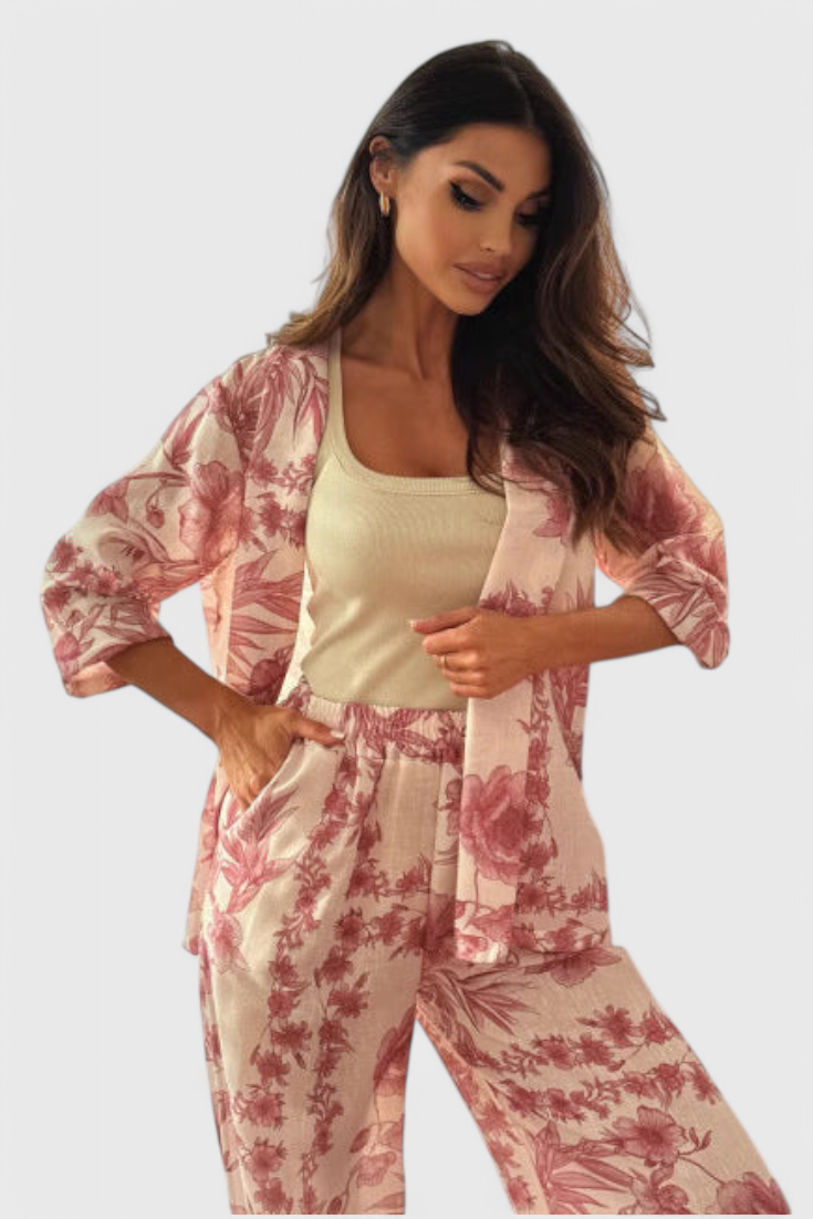 Odile Ensemble en Mélange de Coton avec Top à Manches 3/4 et Pantalons avec Poches