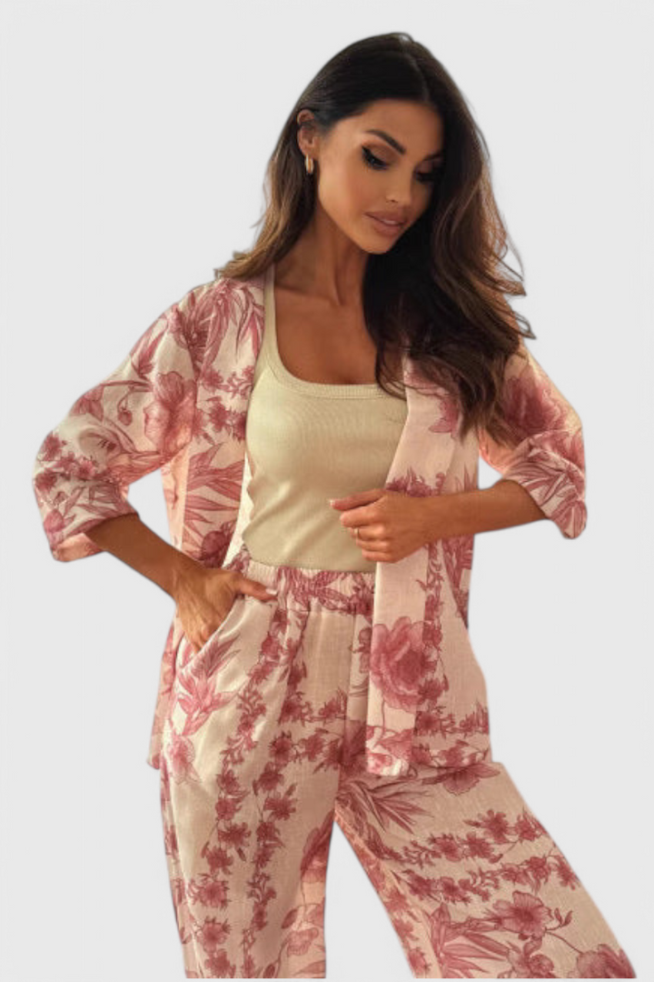 Odile Ensemble en Mélange de Coton avec Top à Manches 3/4 et Pantalons avec Poches