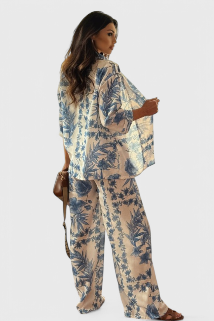 Odile Ensemble en Mélange de Coton avec Top à Manches 3/4 et Pantalons avec Poches