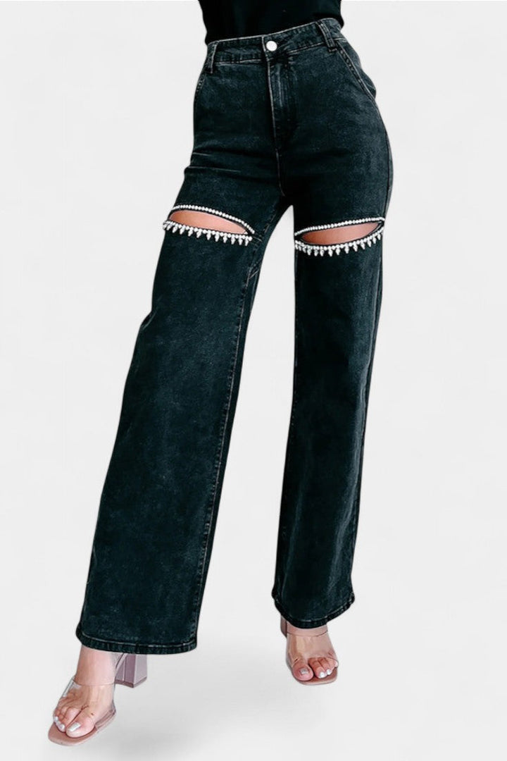 Jeans Evian Délavés Jambe Droite avec Strass