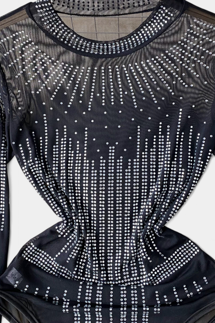Body Antonella en Maille Transparente avec Manches Longues et Brillants