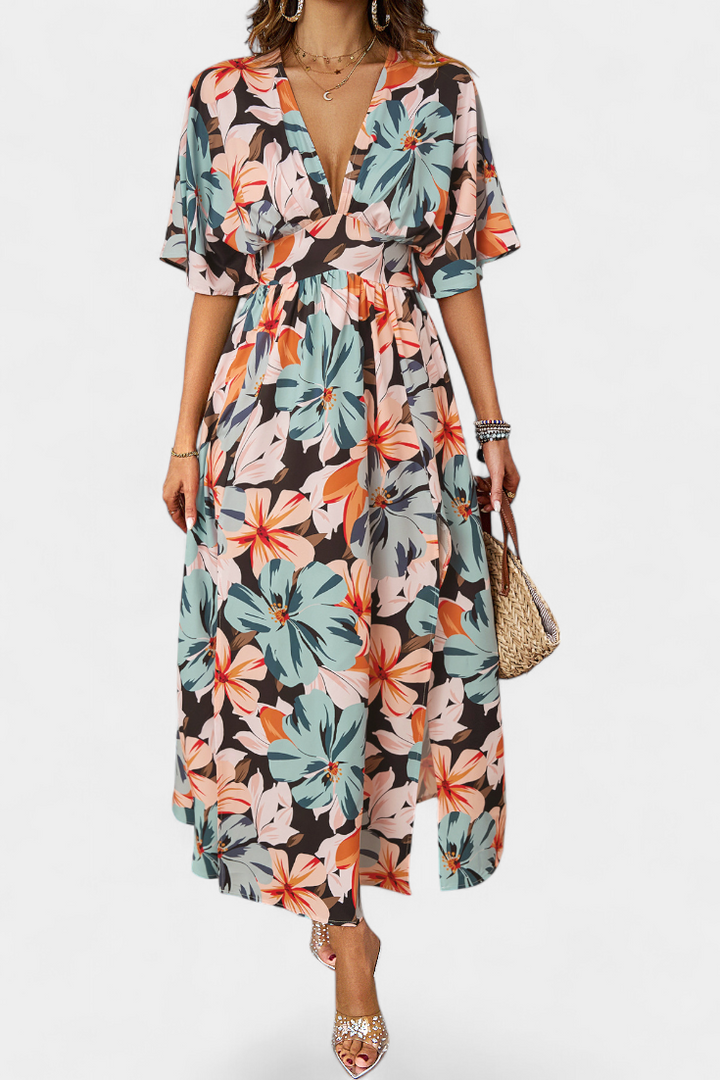 Robe Julie Longue avec Imprimé Floral et Décolleté Croisé