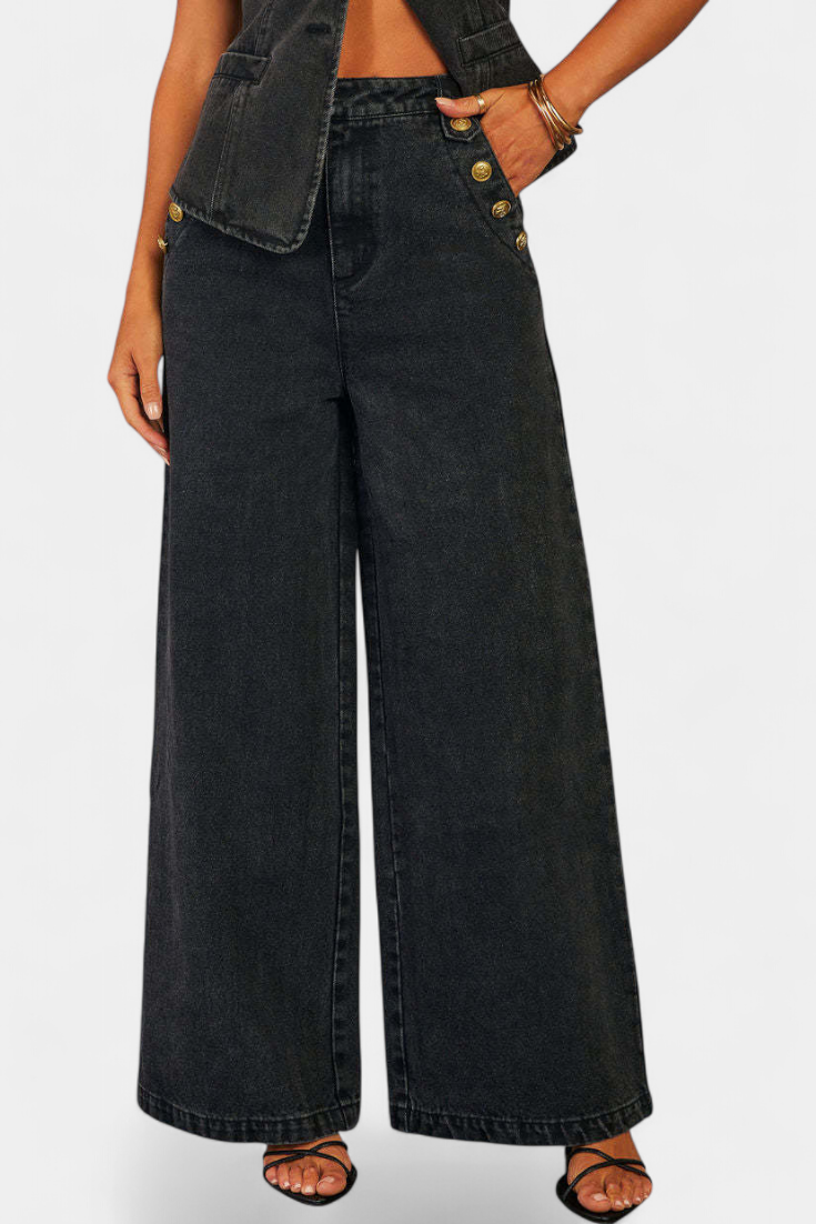 Ludovica Ensemble en Denim avec Gilet Ajusté et Jeans à Jambes Larges