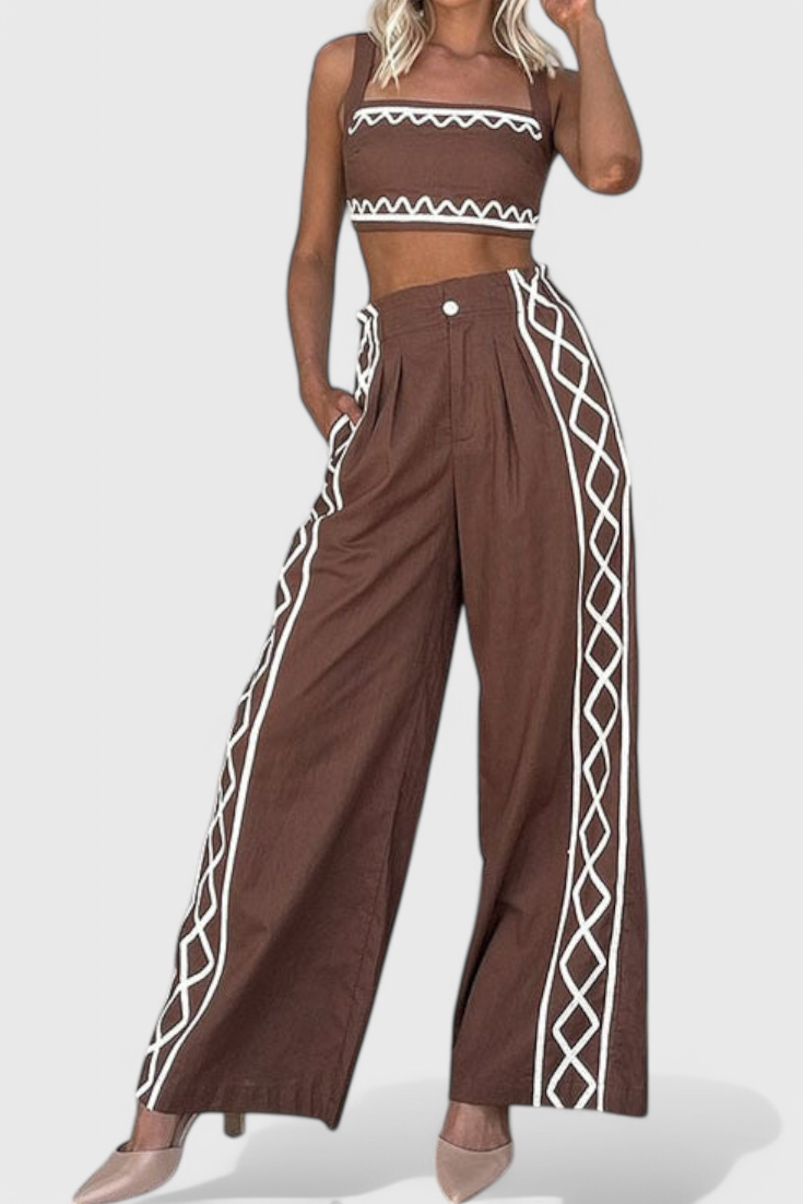 Mirella Ensemble Crop et Pantalons Amples à Imprimé Zigzag