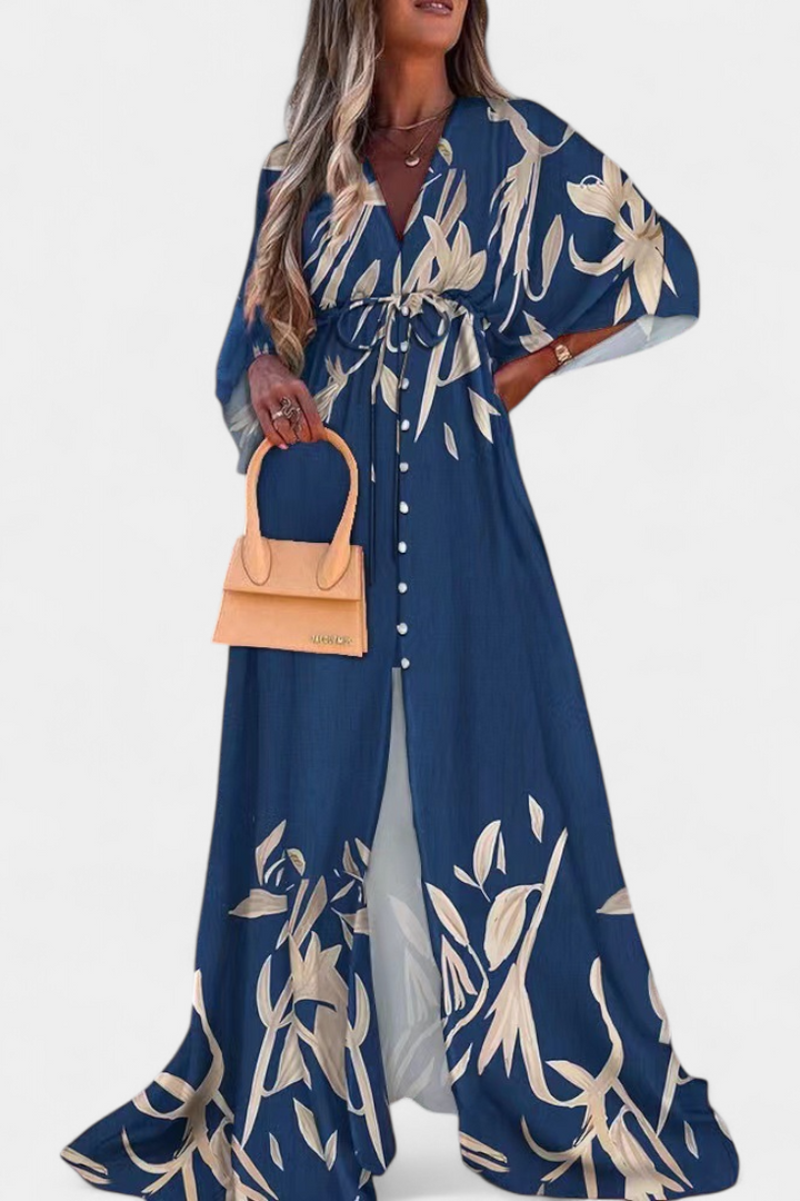 Robe Maxi Joelle Arc-en-ciel avec Décolleté en V et Manches Chauve-Souris