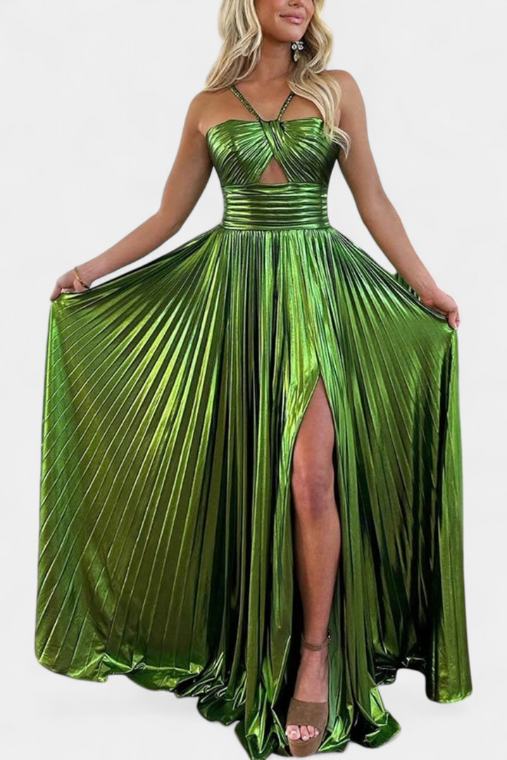Robe Maxi Métallique Aikaterini avec Col Croisé et Fente