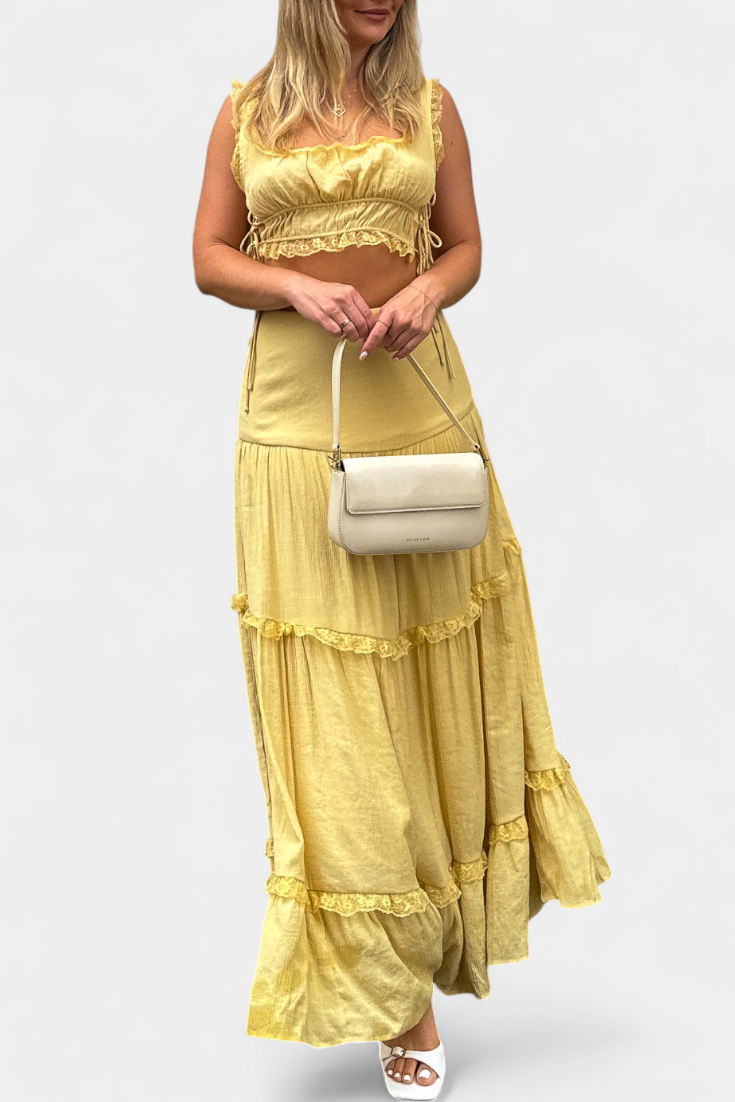 Ilys Ensemble Romantique de Top en Dentelle et Jupe Longue Volumineuse