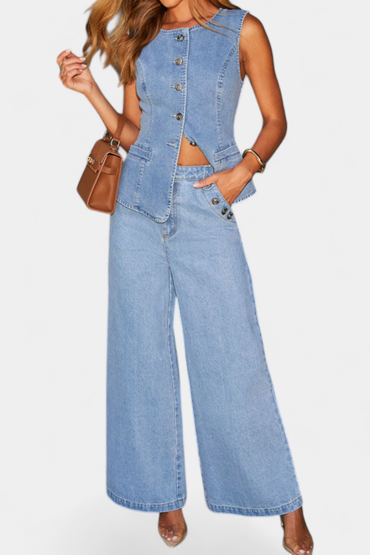 Ludovica Ensemble en Denim avec Gilet Ajusté et Jeans à Jambes Larges