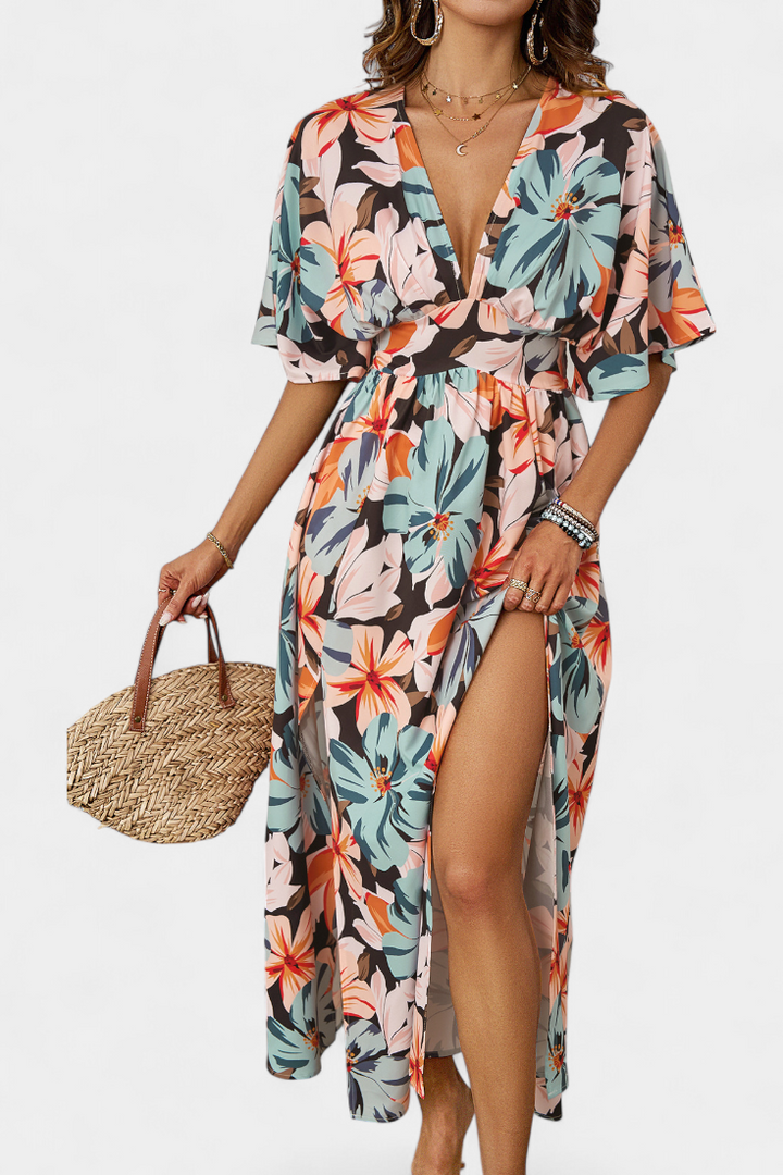 Robe Julie Longue avec Imprimé Floral et Décolleté Croisé