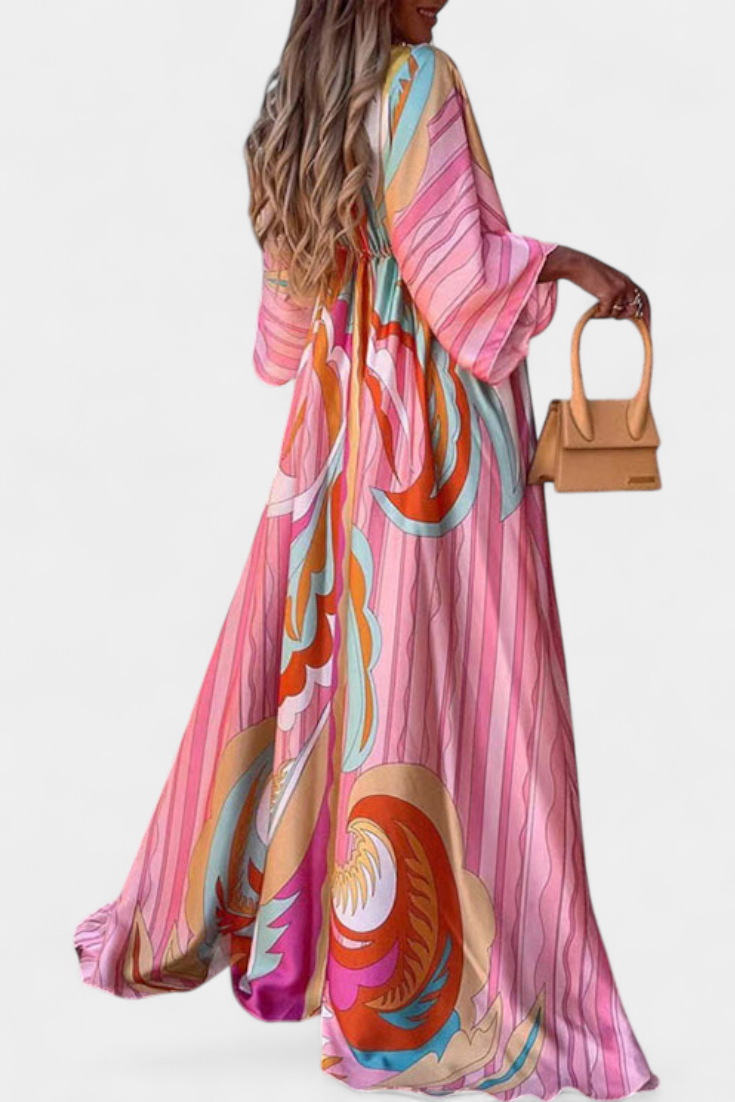 Robe Maxi Joelle Arc-en-ciel avec Décolleté en V et Manches Chauve-Souris
