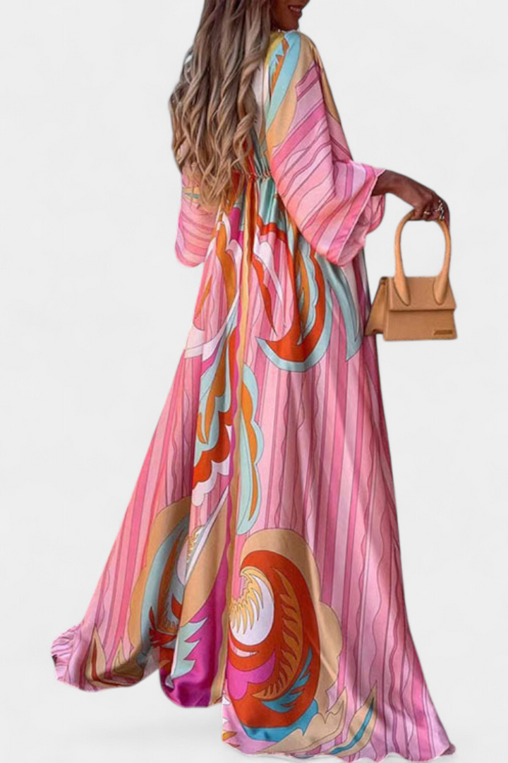 Robe Maxi Joelle Arc-en-ciel avec Décolleté en V et Manches Chauve-Souris