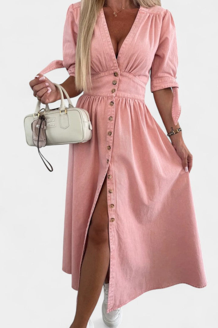 Robe Midi en Jean Adelina avec Boutons et Décolleté en V