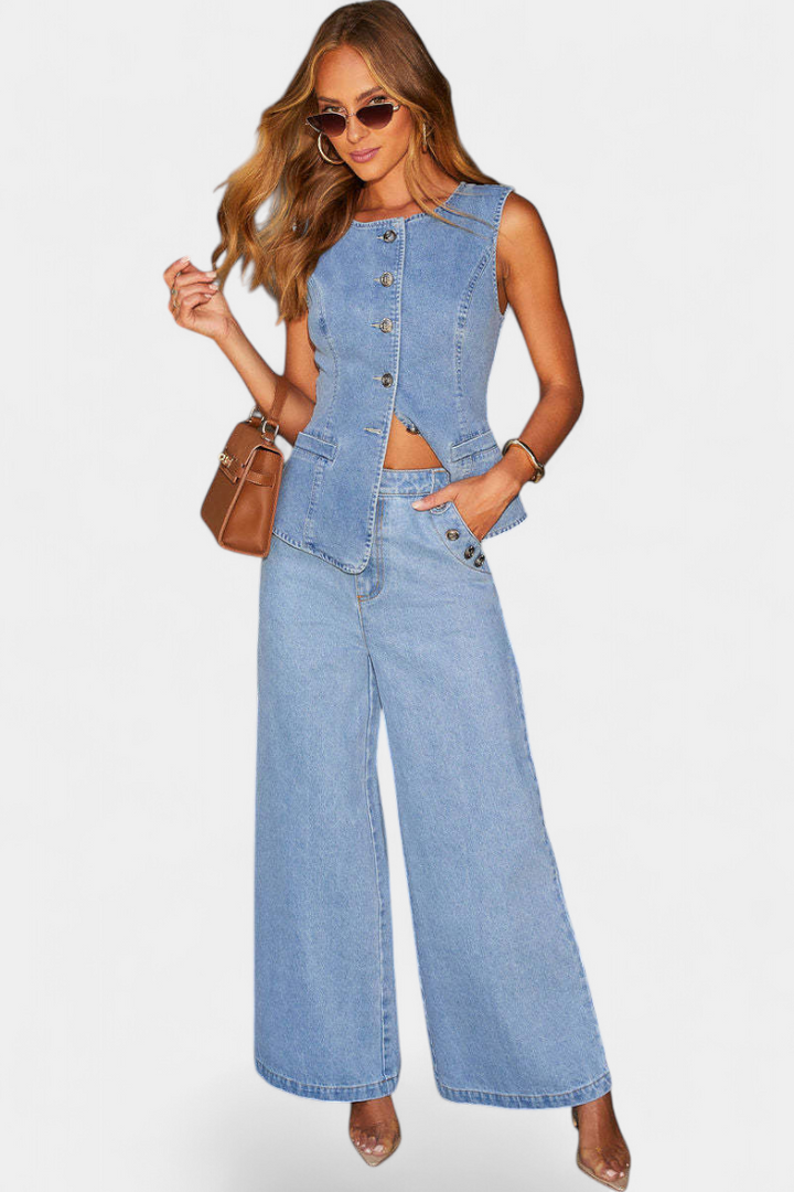 Ludovica Ensemble en Denim avec Gilet Ajusté et Jeans à Jambes Larges