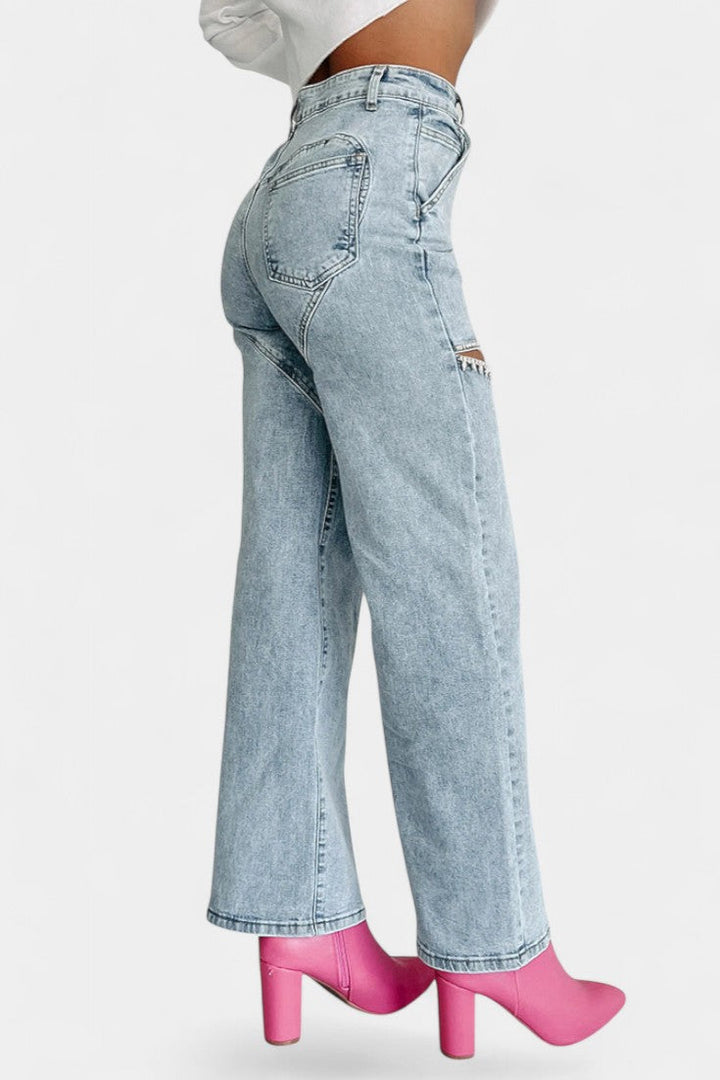 Jeans Evian Délavés Jambe Droite avec Strass