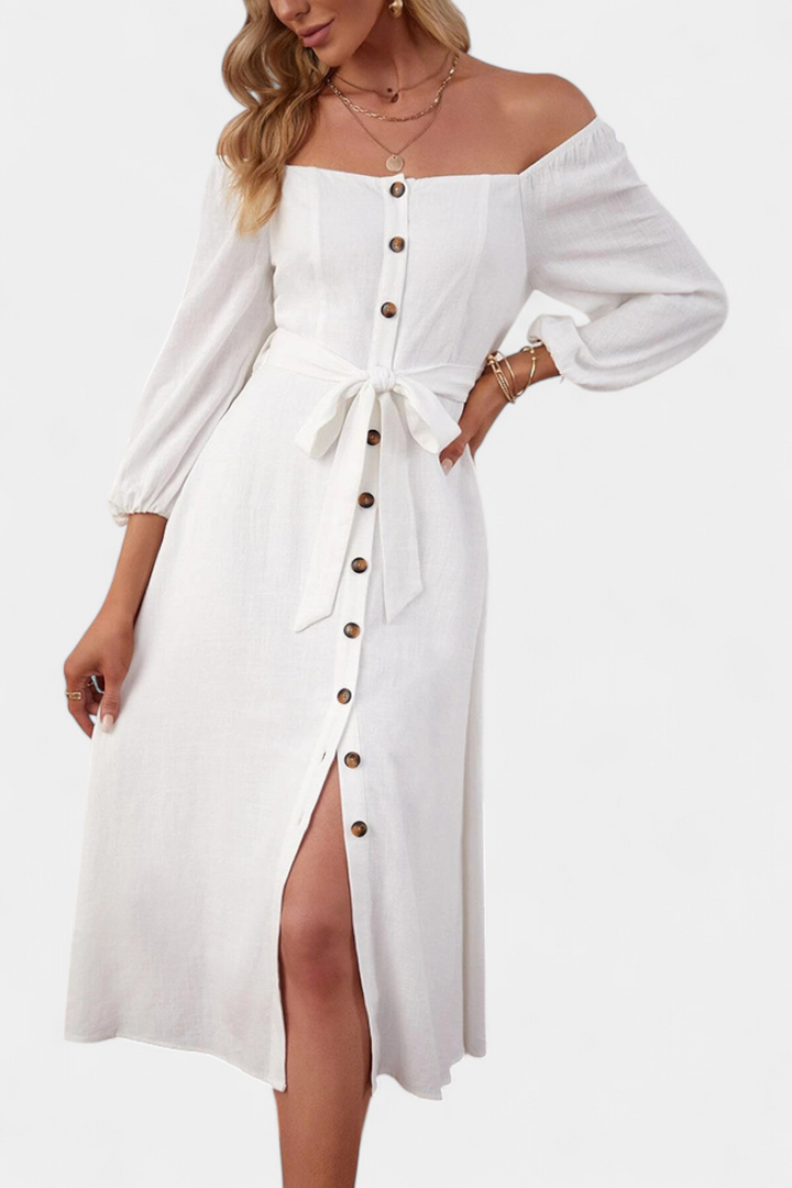 Robe Leonor à Épaules Dégagées avec Boutons et Nœud Frontal