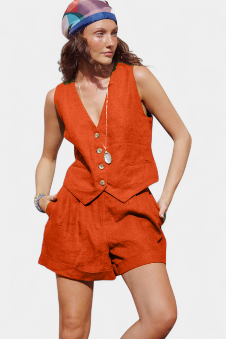 Jennifer Ensemble Gilet et Shorts en Lin Coton