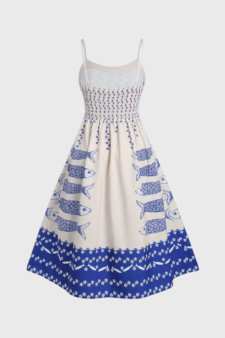 Maricela Robe Vintage à Bretelles et Imprimé de Sardines