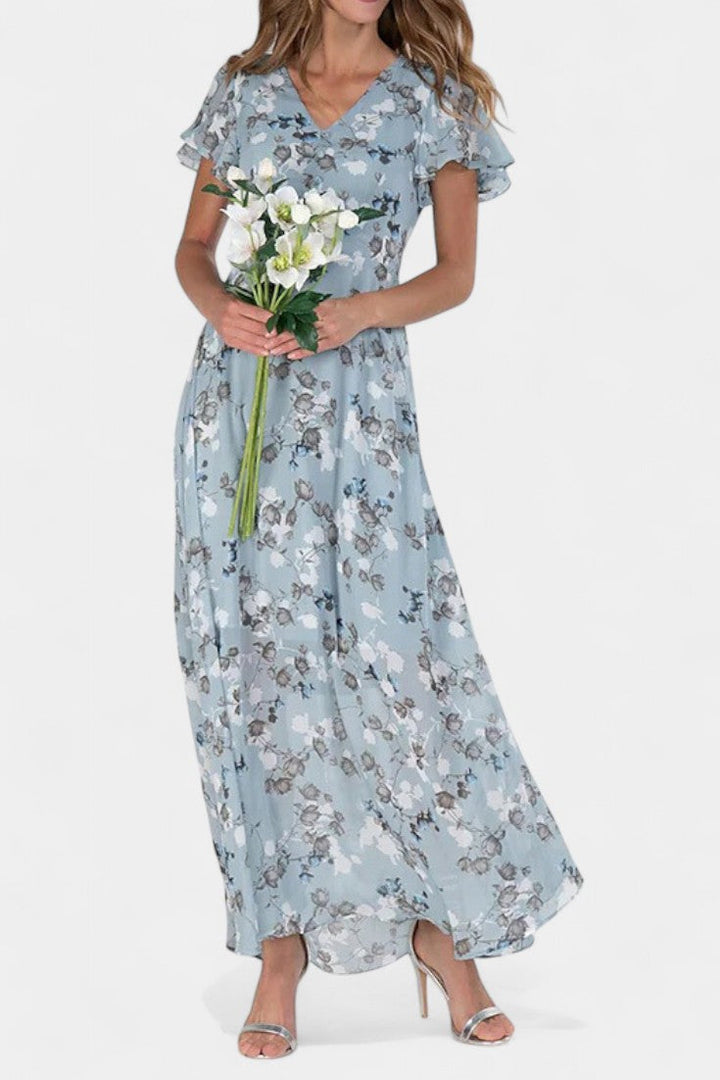Robe Maxi Florale Amara avec Décolleté en V et Manches Volantes