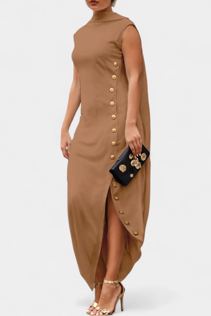 Robe Asymétrique Aphrodite avec Boutons Dorés Décoratifs
