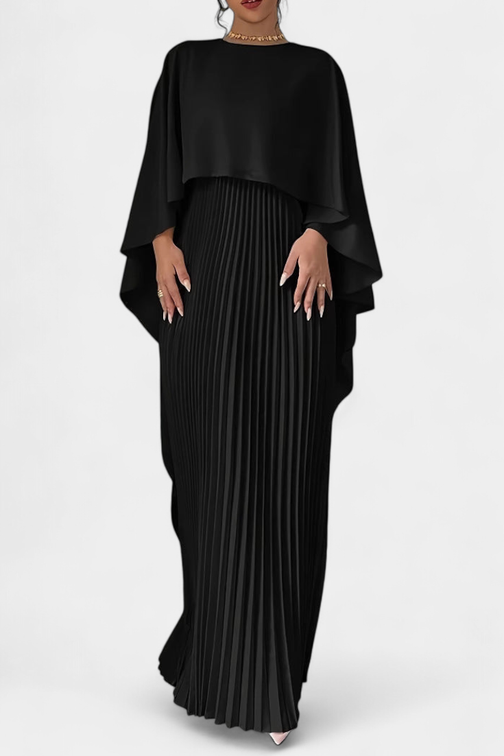 Robe Maxi Jane à Col Haut avec Plis et Manches Volantes
