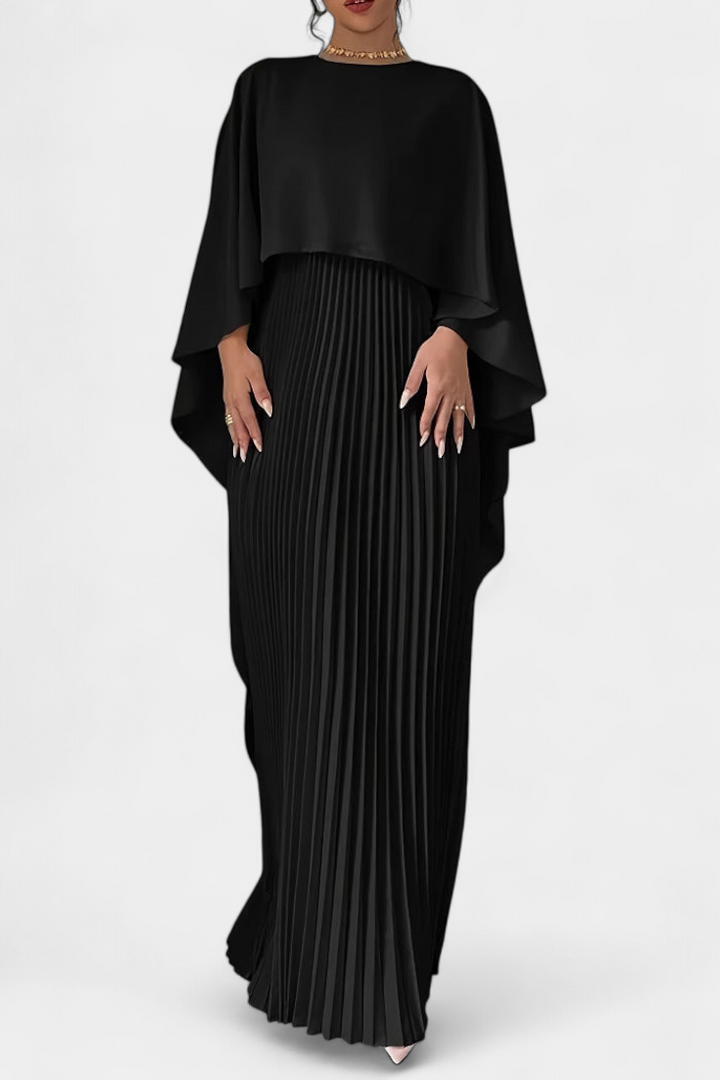 Robe Maxi Jane à Col Haut avec Plis et Manches Volantes