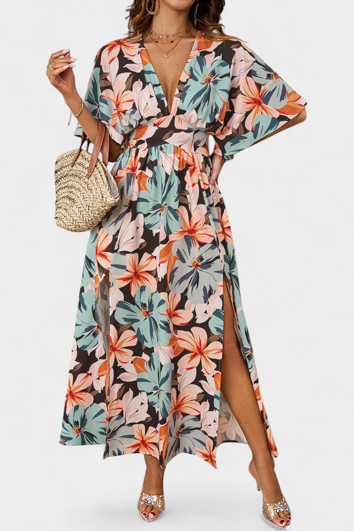 Robe Julie Longue avec Imprimé Floral et Décolleté Croisé