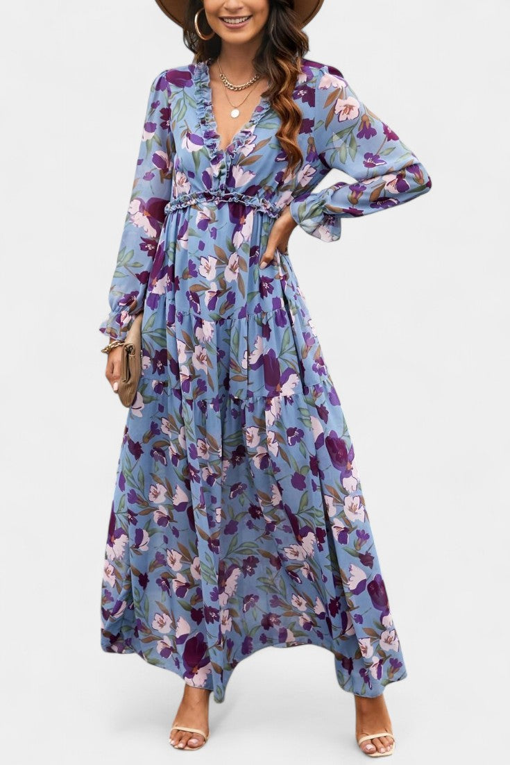 Robe Maxi Fleurie Keti avec Manches Longues et Volants Délicats