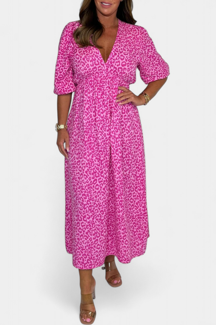 Ercilia Robe Midi avec Imprimé Vibrant et Manches Bouffantes