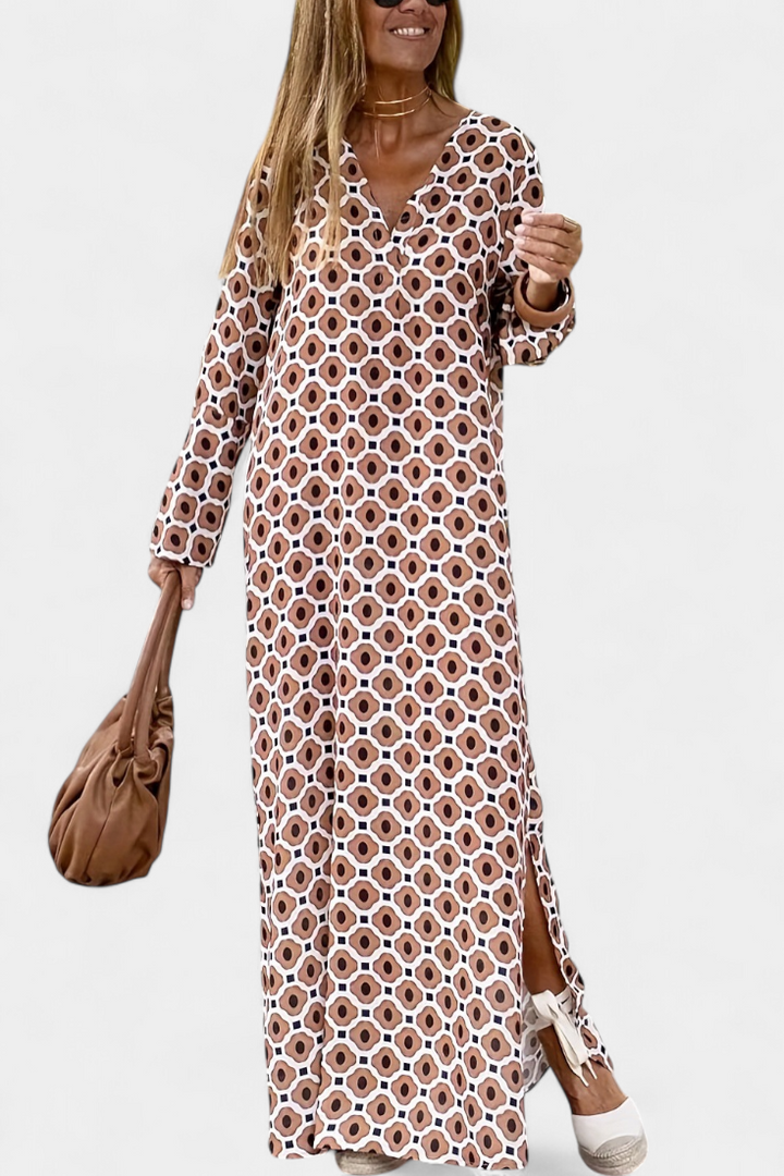 Robe Longue Géométrique Brisa avec Fente et Décolleté en V