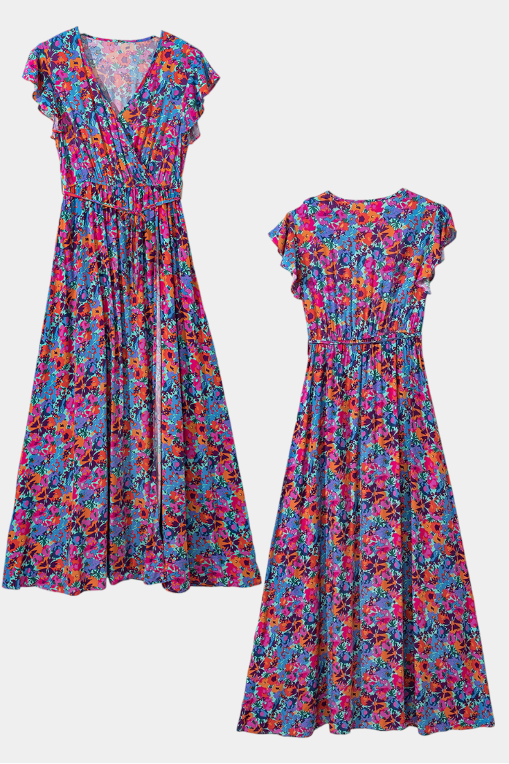 Robe Ximena Croisée Longue avec Imprimé Floral et Fente Latérale