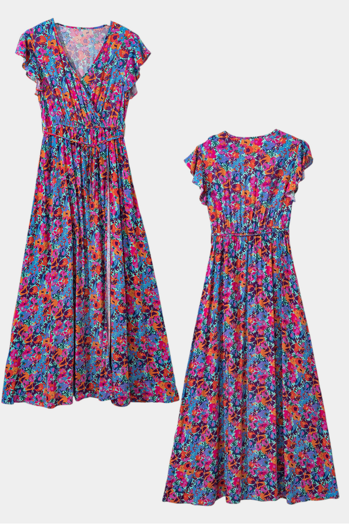 Ximena Robe Croisée Longue avec Imprimé Floral et Fente Latérale