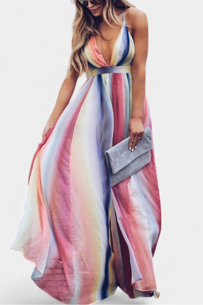 Robe Gretchen à Rayures Multicolores avec Décolleté en V