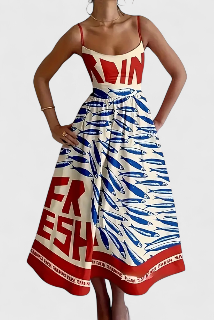 Maricela Robe Vintage à Bretelles et Imprimé de Sardines