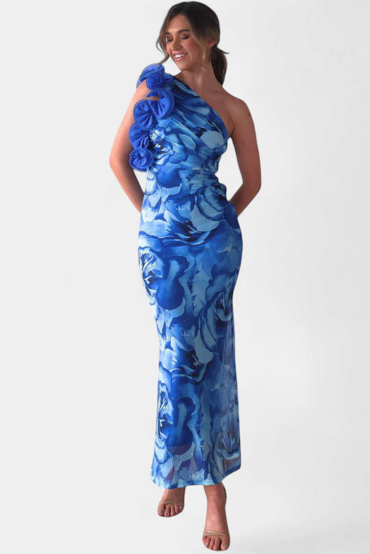 Robe Midi Maëlle avec Détail Floral à Une Épaule