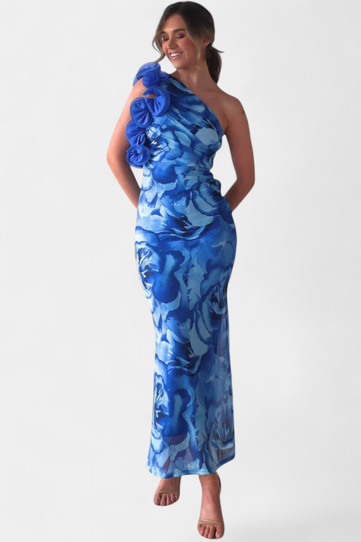 Robe Midi Maëlle avec Détail Floral à Une Épaule
