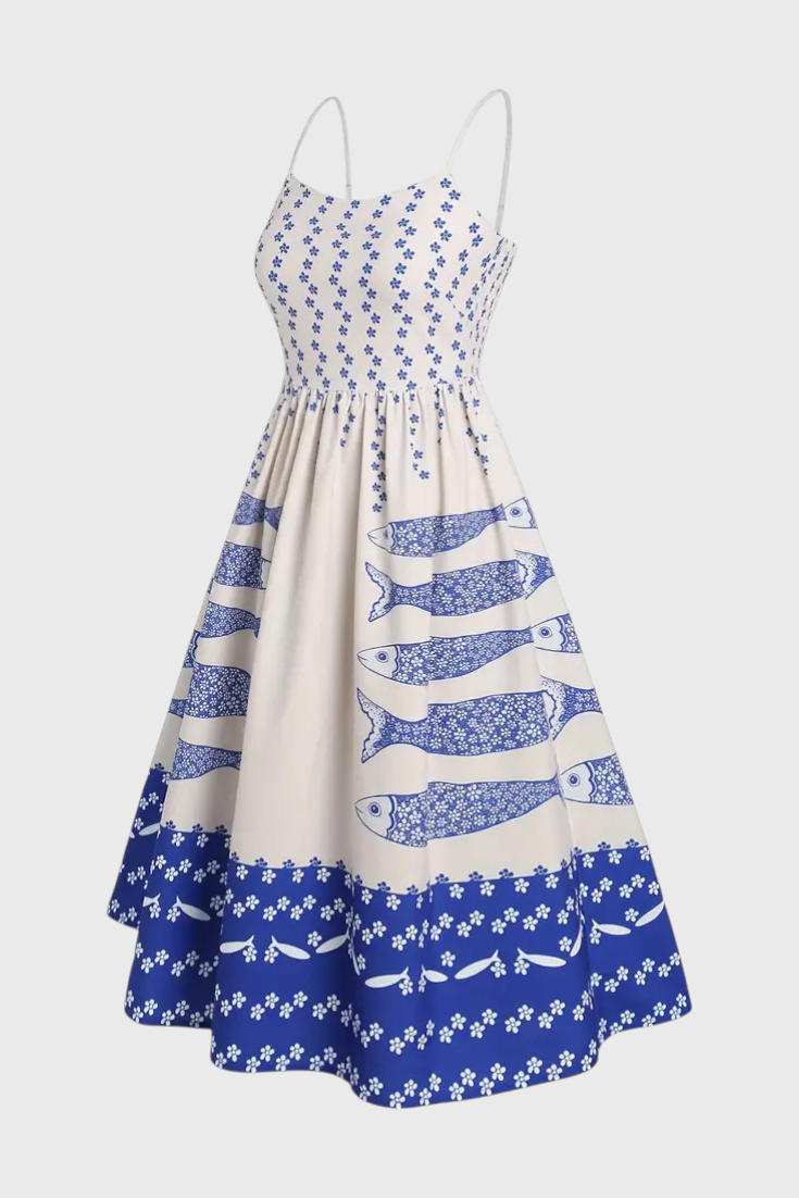 Maricela Robe Vintage à Bretelles et Imprimé de Sardines