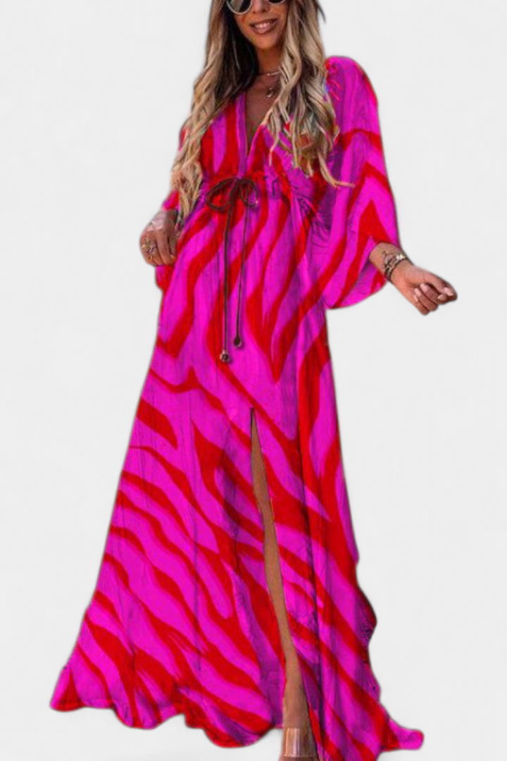Robe Maxi Joelle Arc-en-ciel avec Décolleté en V et Manches Chauve-Souris