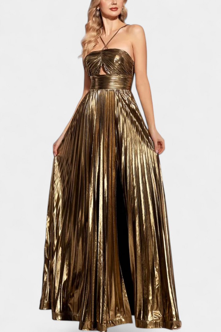 Robe Maxi Métallique Aikaterini avec Col Croisé et Fente