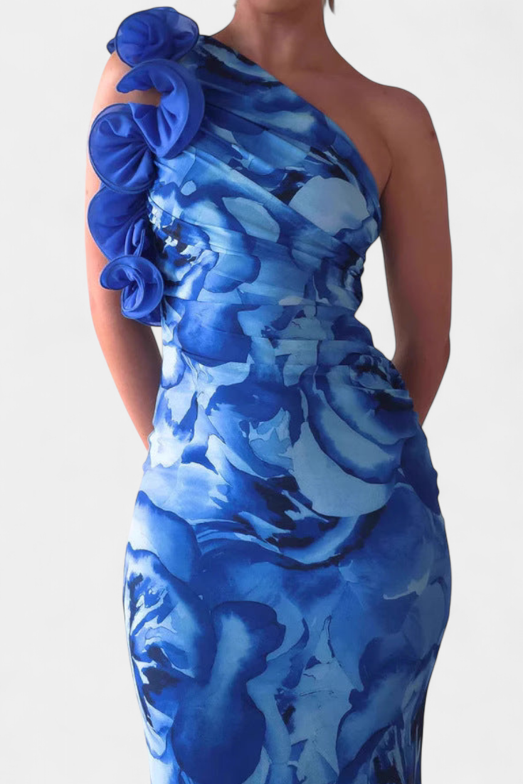 Robe Midi Maëlle avec Détail Floral à Une Épaule