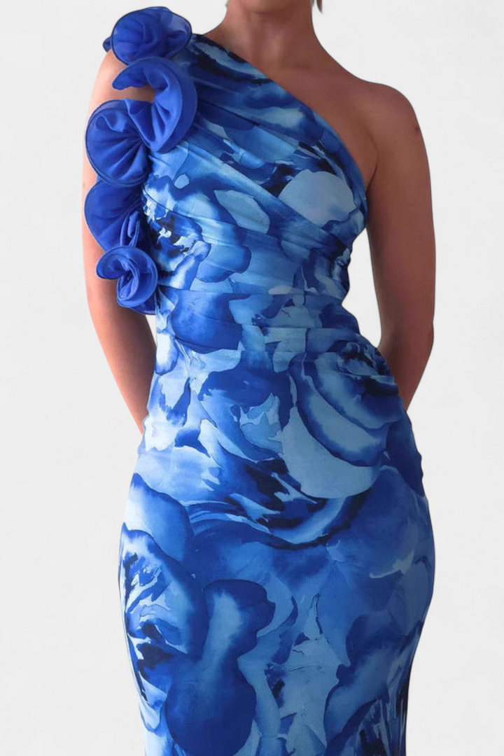 Robe Midi Maëlle avec Détail Floral à Une Épaule