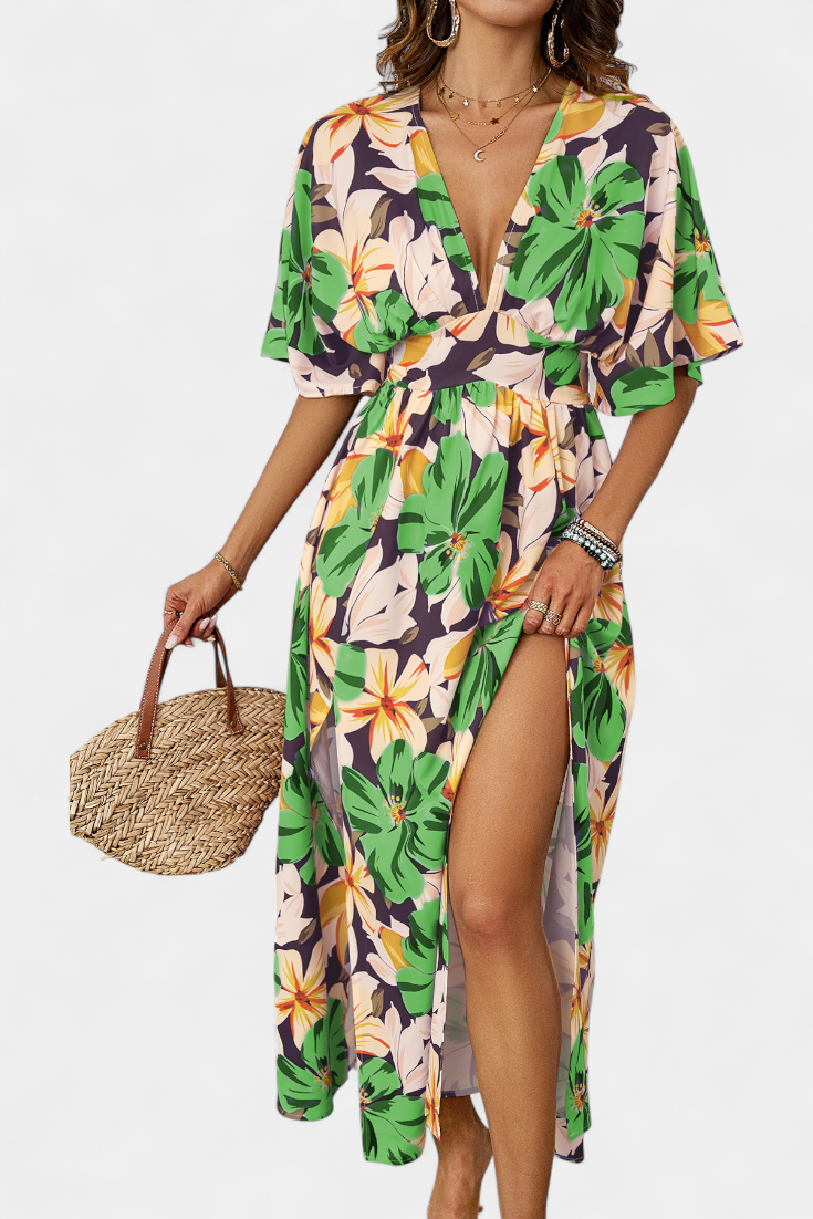 Robe Julie Longue avec Imprimé Floral et Décolleté Croisé