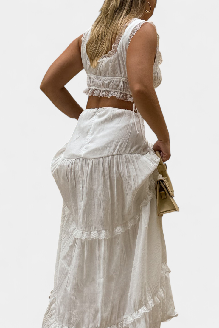 Ilys Ensemble Romantique de Top en Dentelle et Jupe Longue Volumineuse