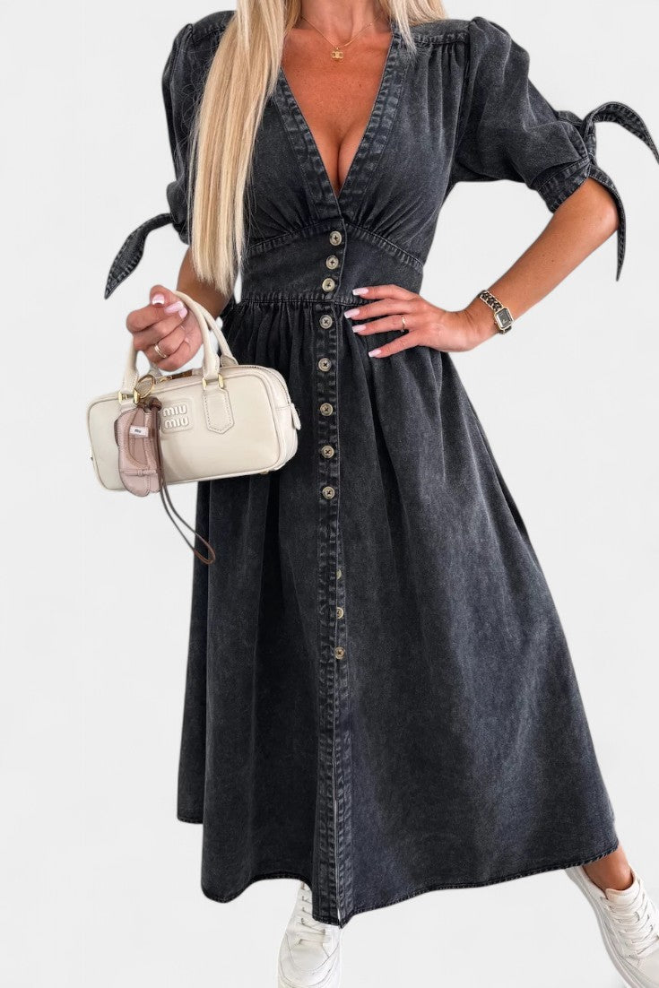 Robe Midi en Jean Adelina avec Boutons et Décolleté en V