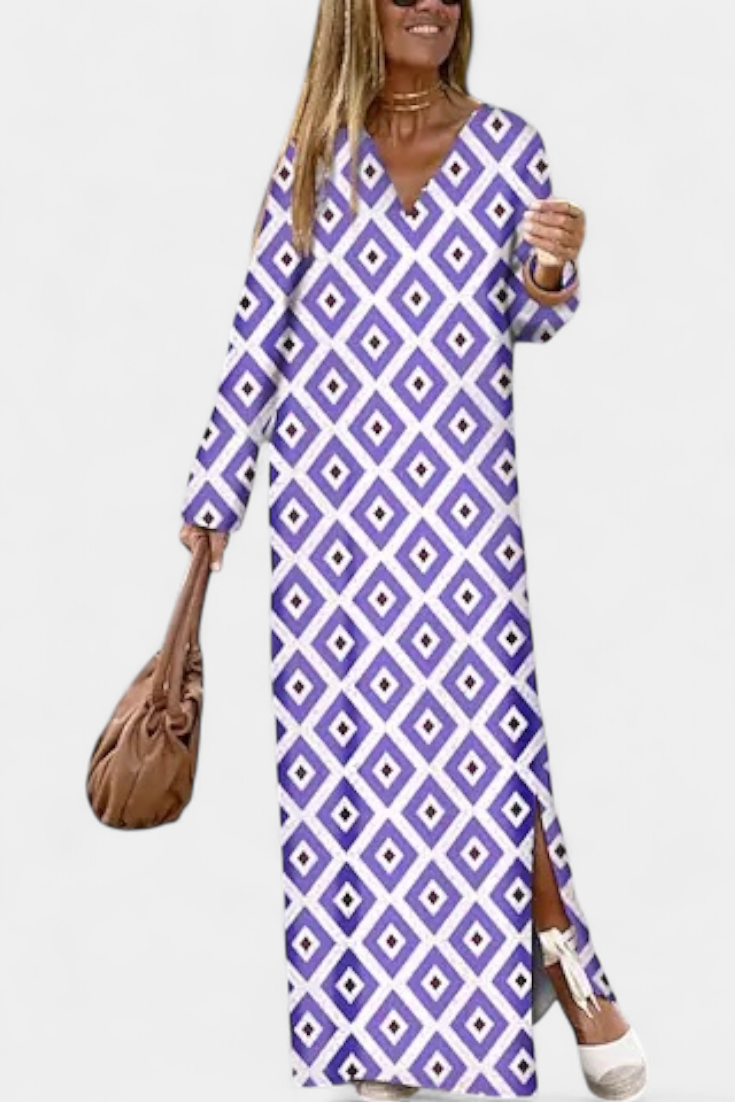 Robe Longue Géométrique Brisa avec Fente et Décolleté en V