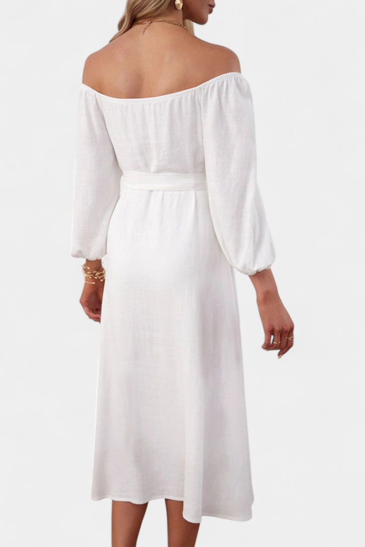 Robe Leonor à Épaules Dégagées avec Boutons et Nœud Frontal