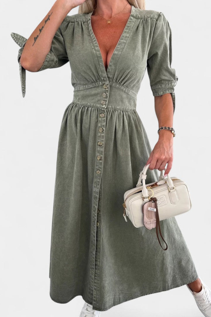 Robe Midi en Jean Adelina avec Boutons et Décolleté en V